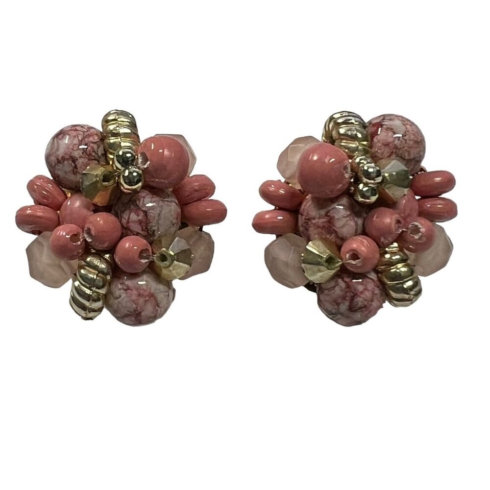 Vintage Clip On Earrings Lucite Pink Stones‎ Metal Bead Accent